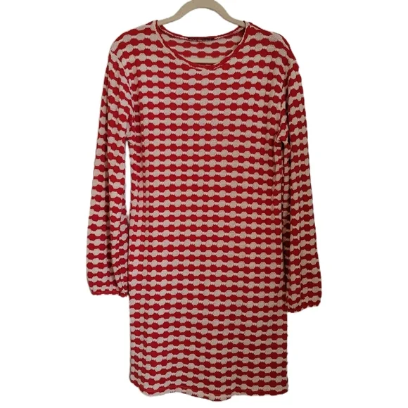 Zara Dress L Large Red Knit White Long Sleeve Scoop Neck - Picture 2 of 6
